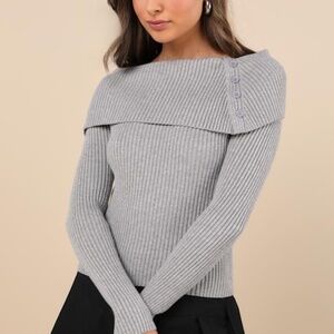 Lulus Chic Outcome Heather Grey Ribbed Knit Collared Sweater Top - Size S